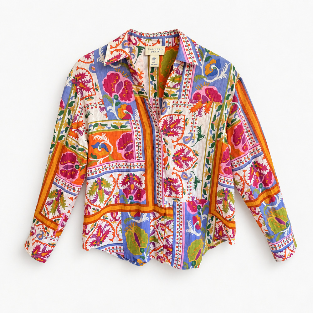 Calypso St. Barth Multicolor Floral Cotton Patchwork Print Resort Shirt Blouse M